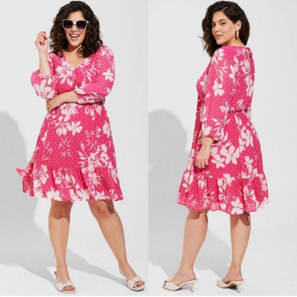 Torrid Mini Clip Dot Babydoll Dress Puff Sleeves Tropical Size 1X